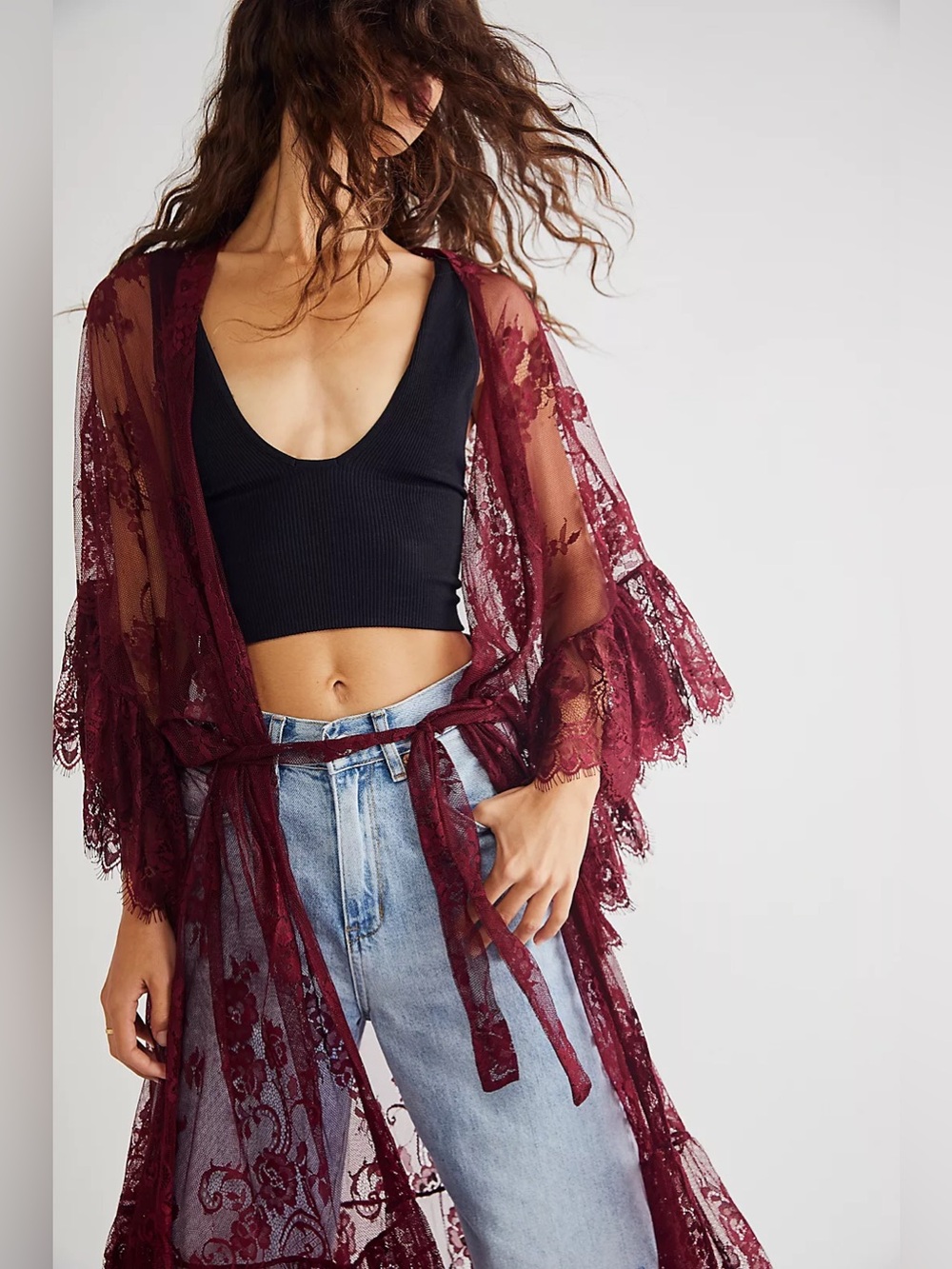 Free People x Muche Muchette Barbara Sheer Lace Kimono in Burgundy
